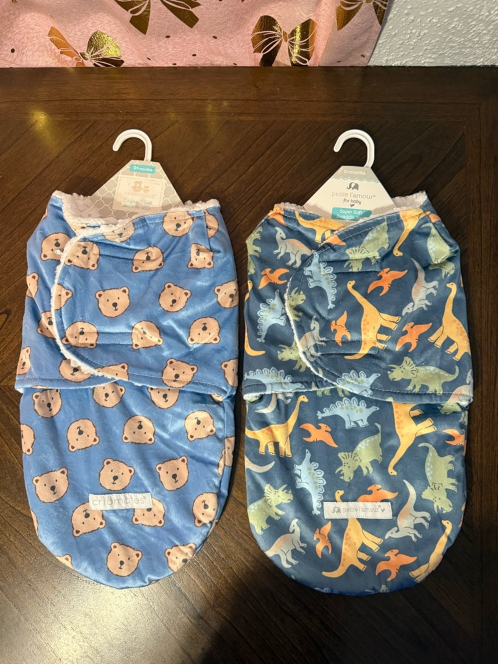 lot of 2 Petit L'amour cribmates baby Swaddle Sack - Blue Bear and Dino Prints